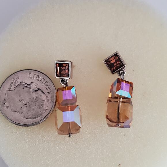 Swarovski Dainty Earrings Aurora Borealis in Amber‎ Shades Swan Signed NWT - Picture 7 of 9